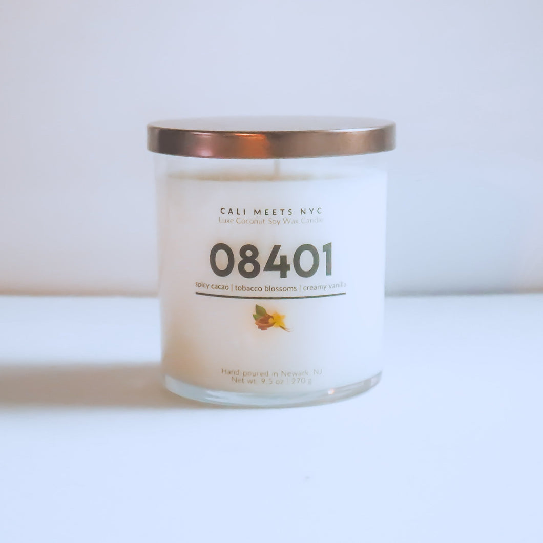 08401, Tobacco Blossoms + Creamy Vanilla Coconut Soy Candle